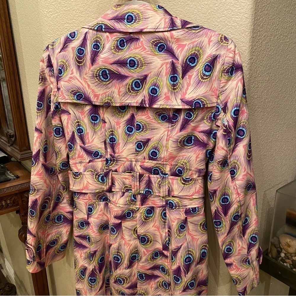 Vintage NANETTE LEPORE Women Colorful Peacock Feather Print Trench Coat Size 4 - Picture 6 of 9